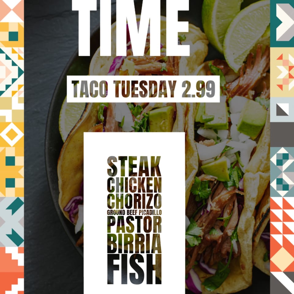Close-up of three tacos with various fillings, lime wedges, and text overlay for El Pollito Pio.