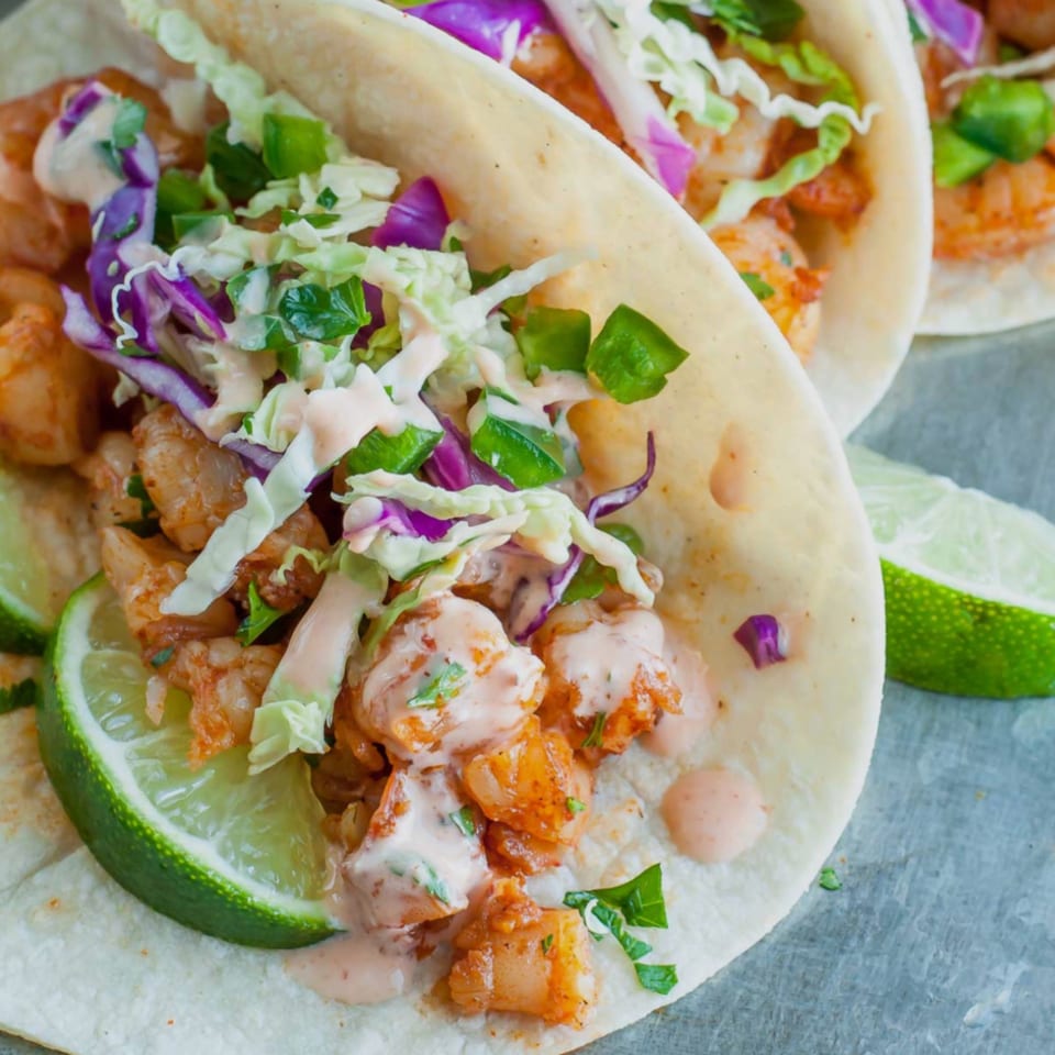 Three El Pollito Pio shrimp tacos with cabbage, sauce, and lime wedges on a gray surface.